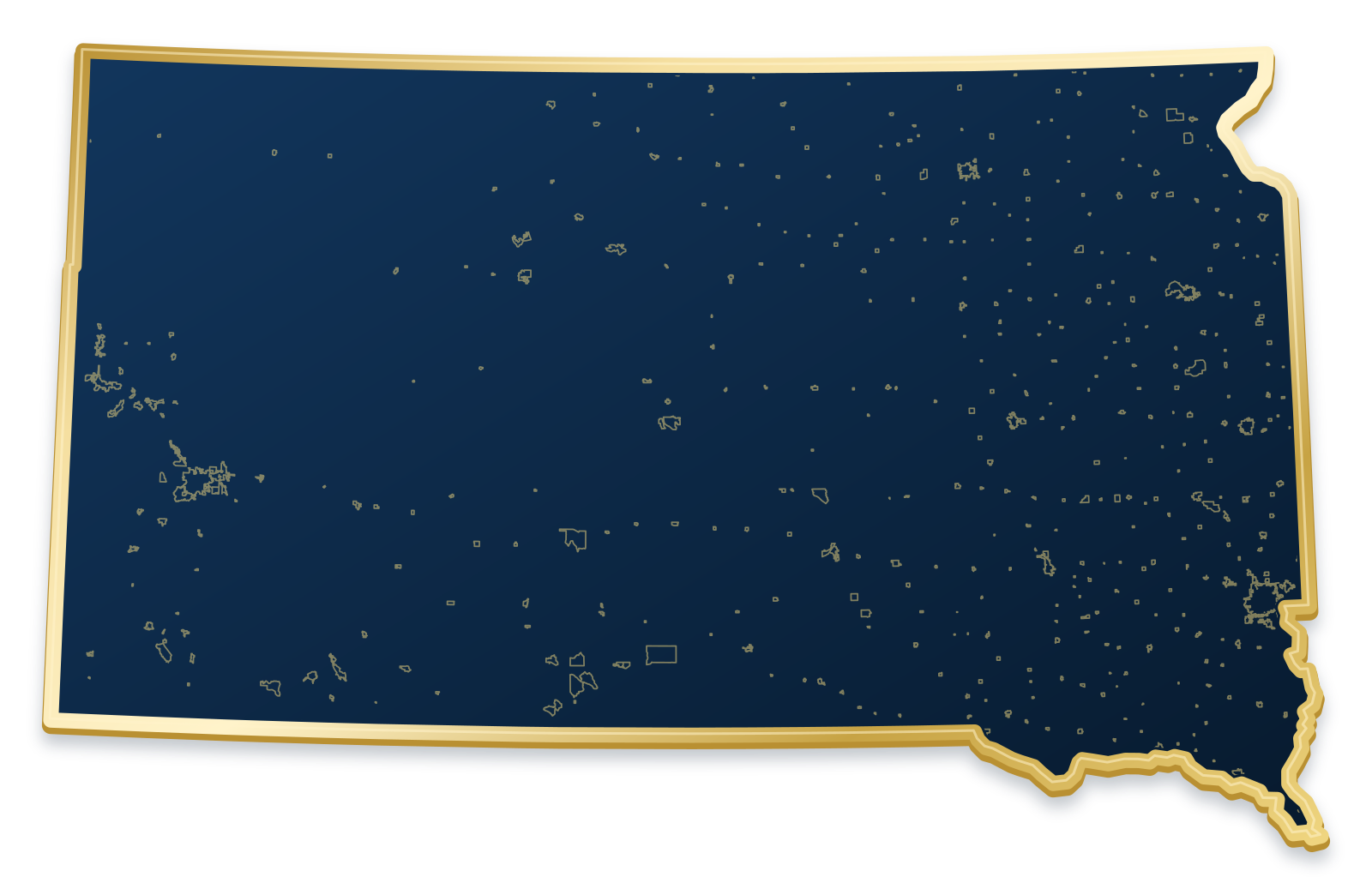 South Dakota map with city and community outlines inside a raised metallic gold state border