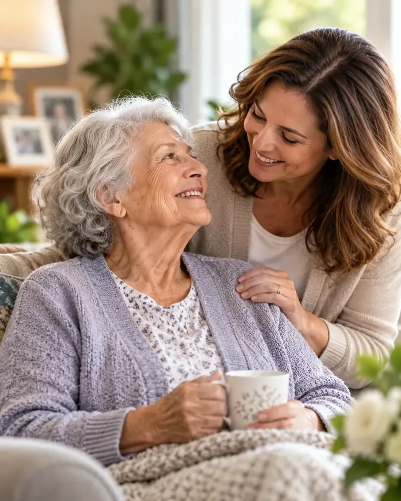 Illustrative scene of two people sharing a relaxed conversation.