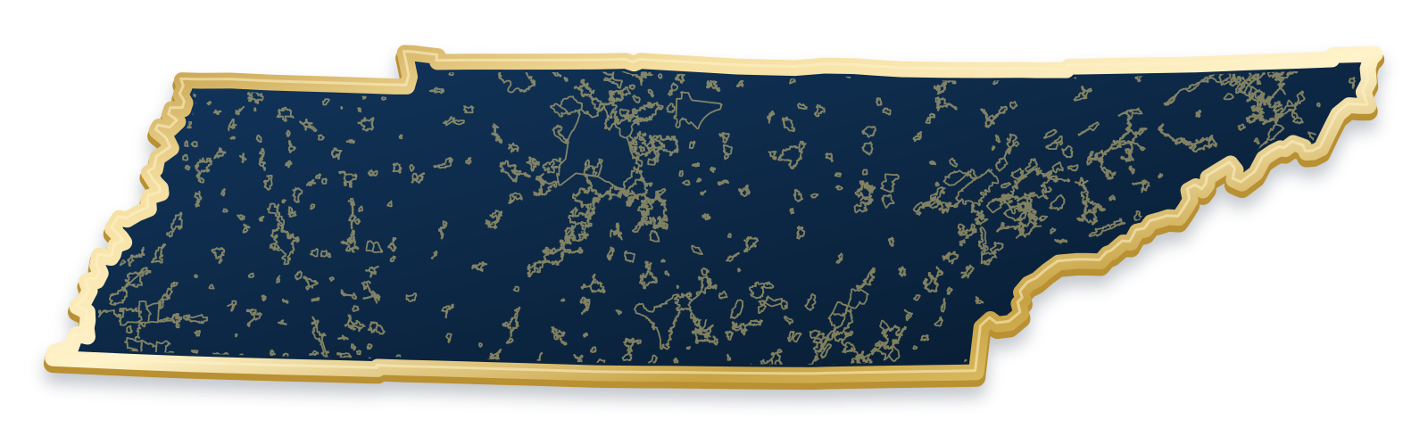 Tennessee map with city and community outlines inside a raised metallic gold state border