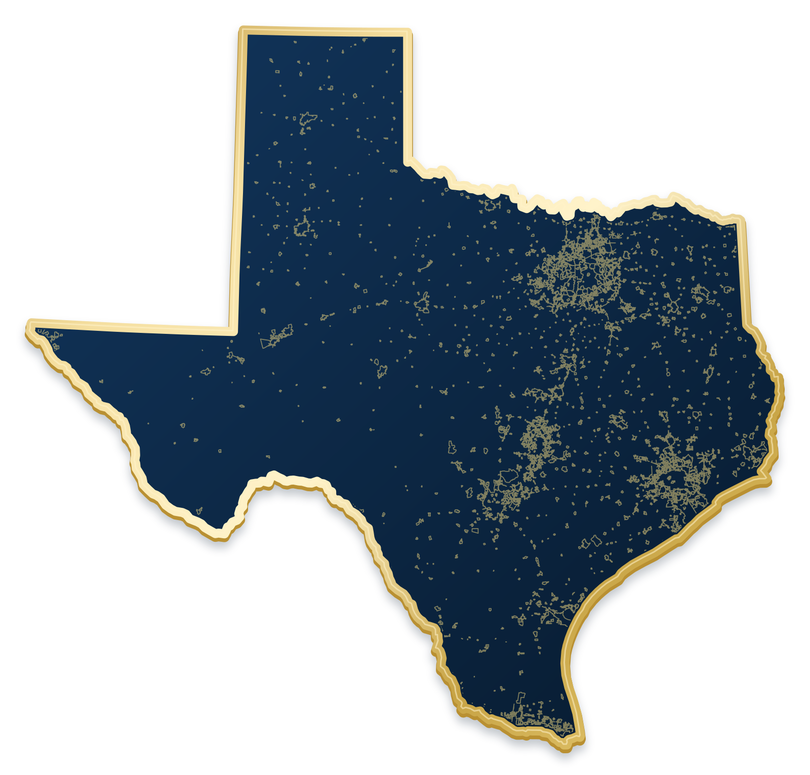 Texas map with city and community outlines inside a raised metallic gold state border