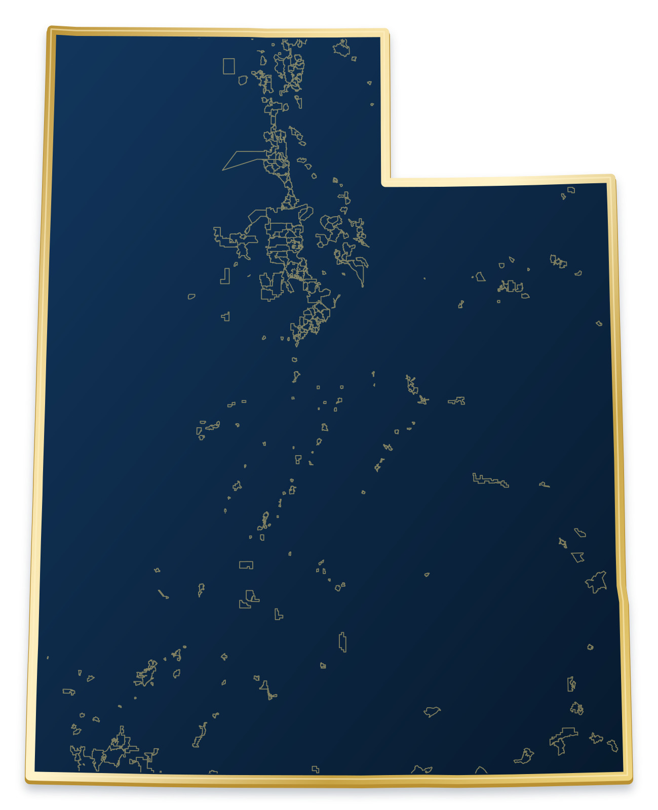 Utah map with city and community outlines inside a raised metallic gold state border