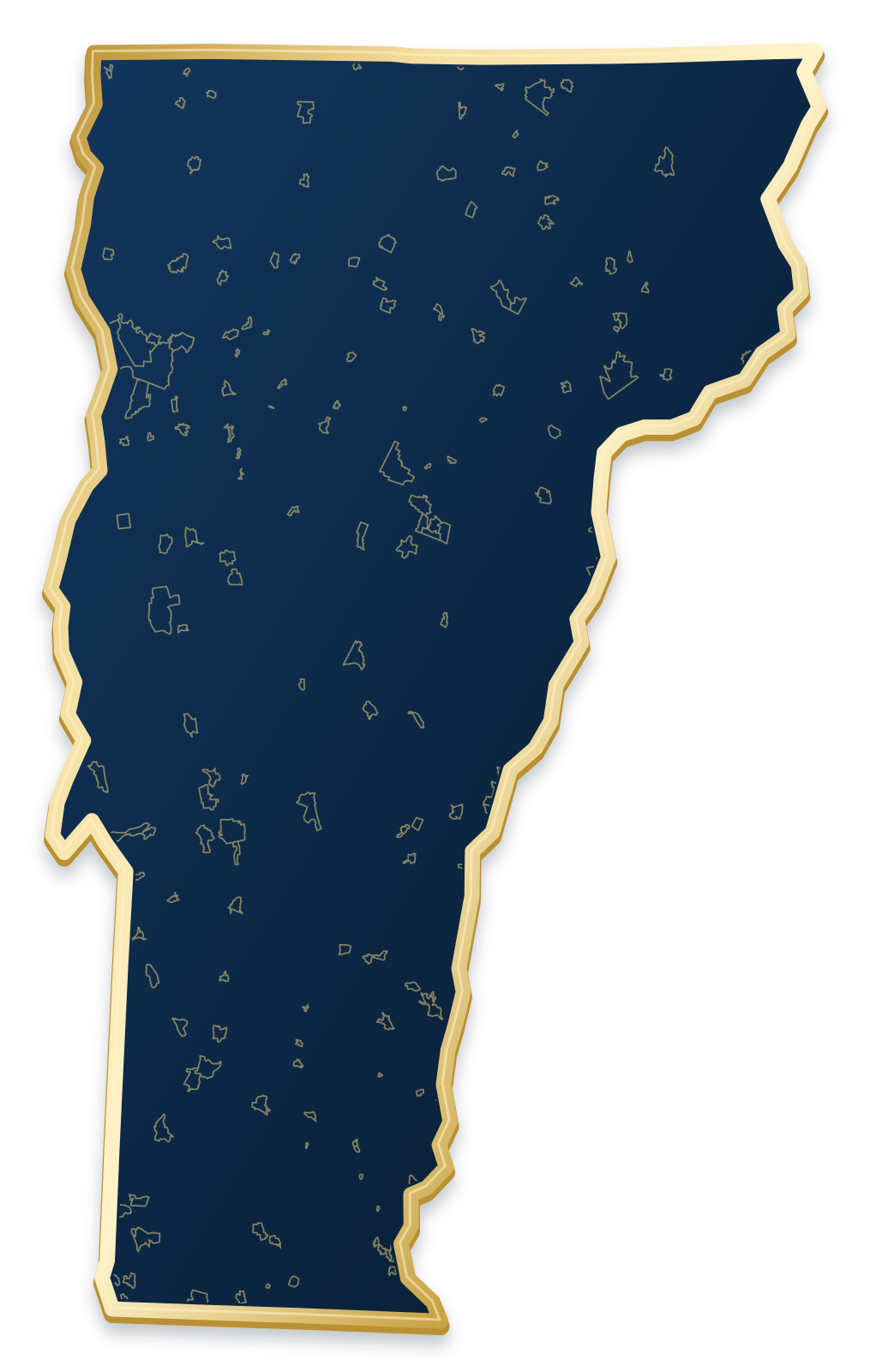 Vermont map with city and community outlines inside a raised metallic gold state border