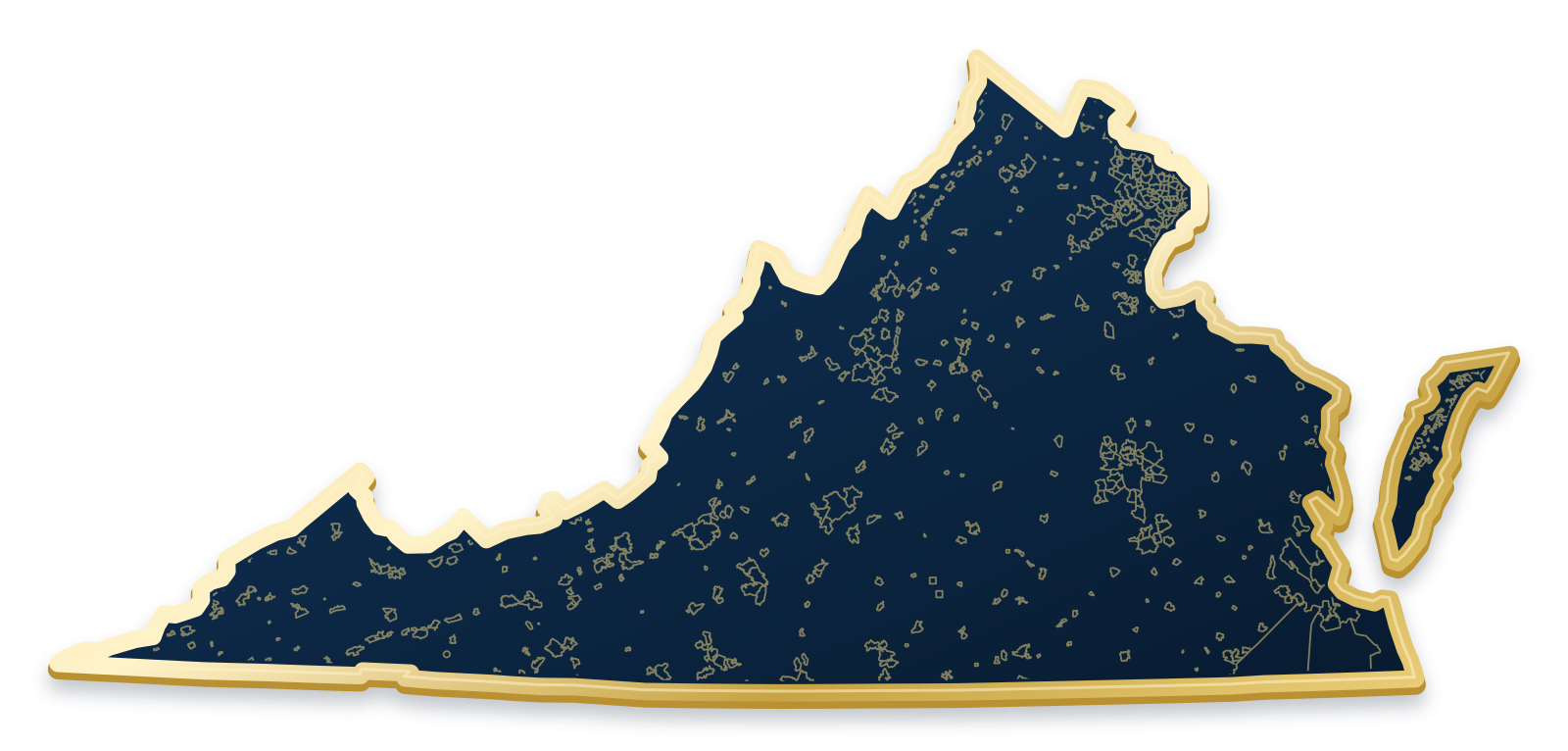 Virginia map with city and community outlines inside a raised metallic gold state border