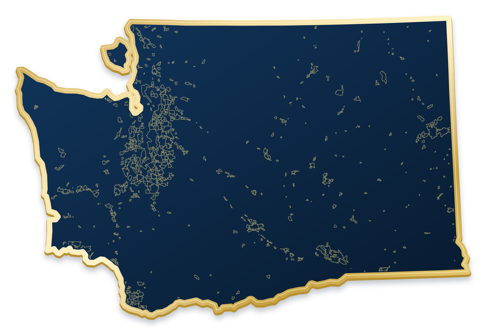 Washington map with city and community outlines inside a raised metallic gold state border