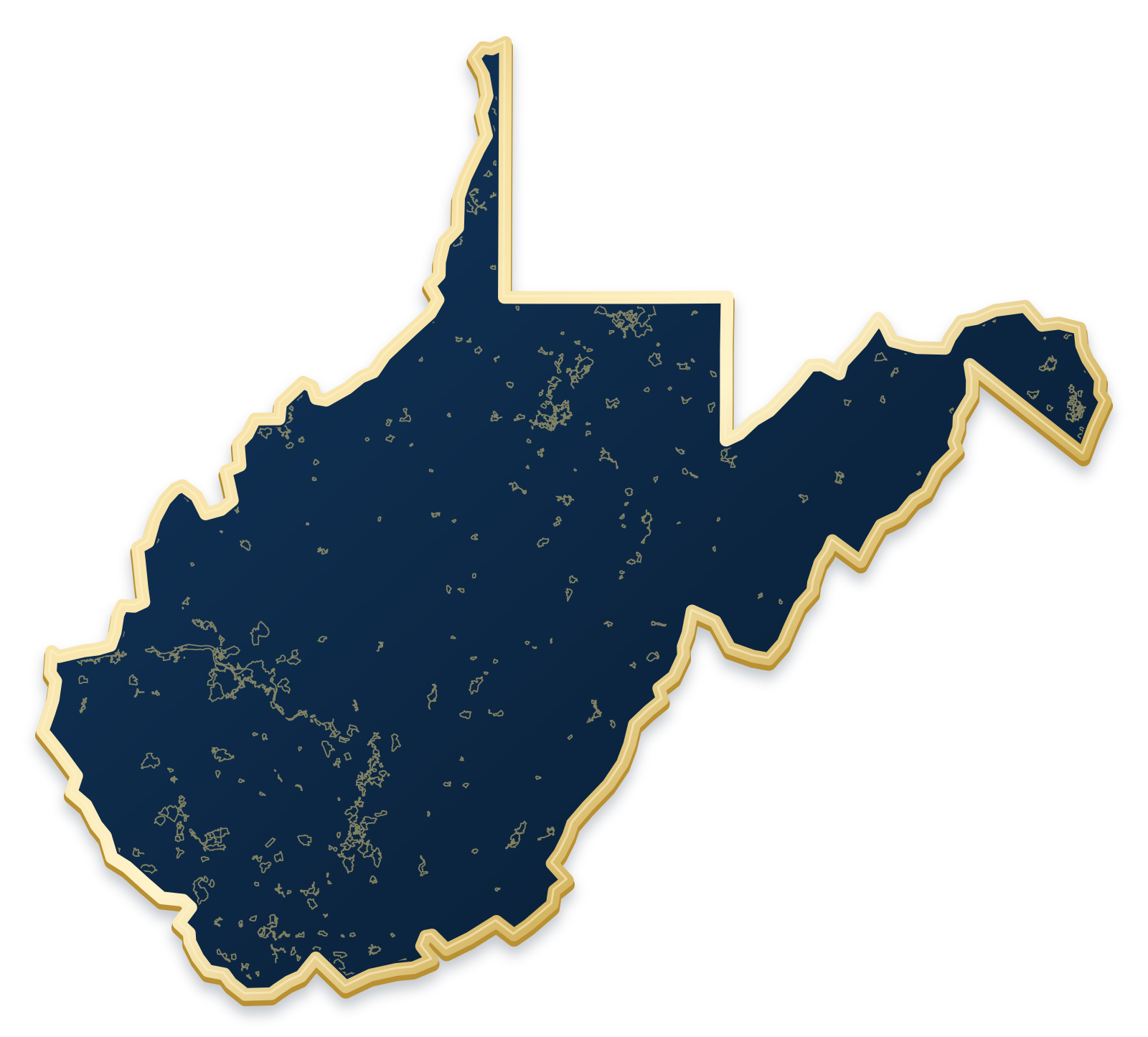West Virginia map with city and community outlines inside a raised metallic gold state border