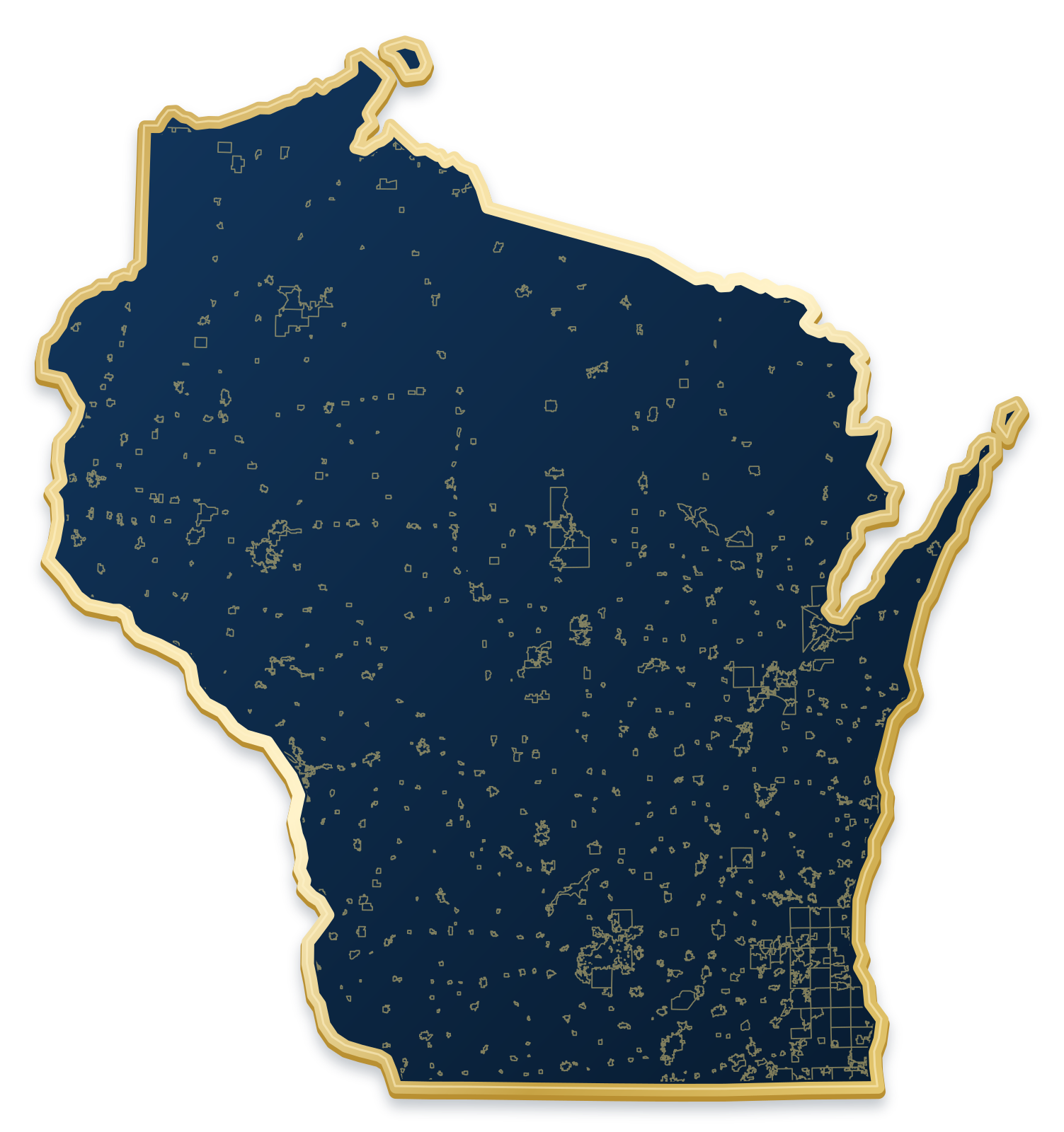 Wisconsin map with city and community outlines inside a raised metallic gold state border