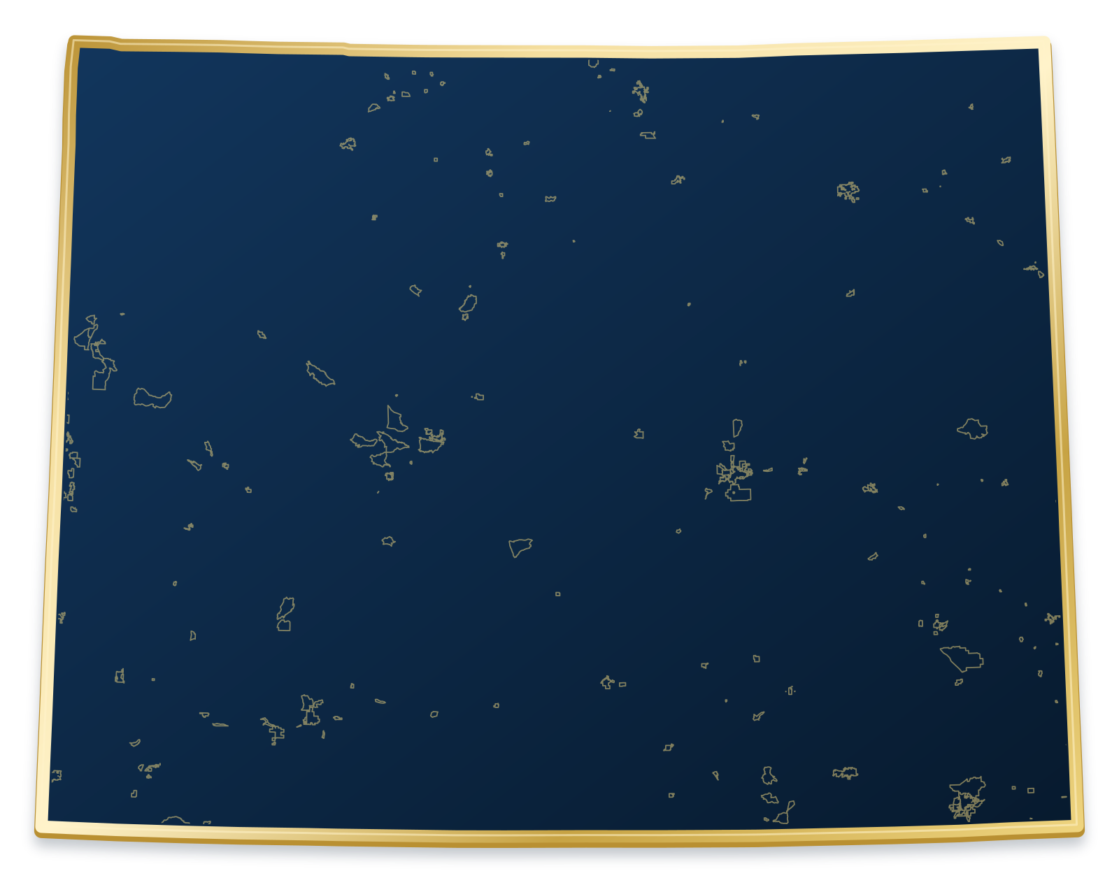 Wyoming map with city and community outlines inside a raised metallic gold state border