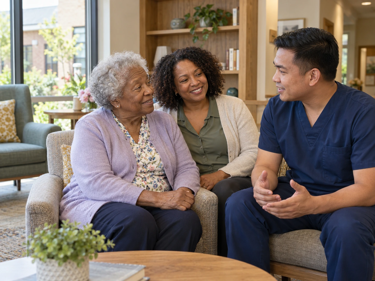 BestCareMatch | Assisted living connection An older woman and an adult family member talk with a care professional in navy scrubs in a sunny lounge. BestCareMatch illustrative photo.