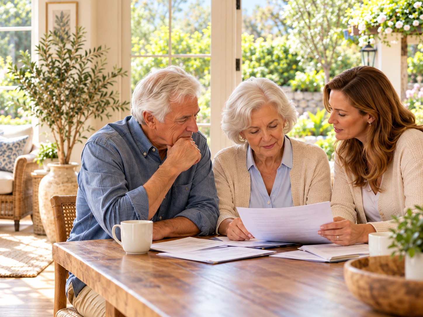 An older couple and an adult family member review paperwork together at a table. BestCareMatch illustrative photo.