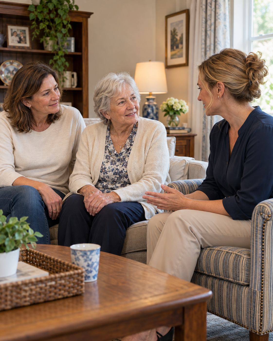 Illustrative scene of an older mother, her adult daughter, and a care host talking together in a living room.