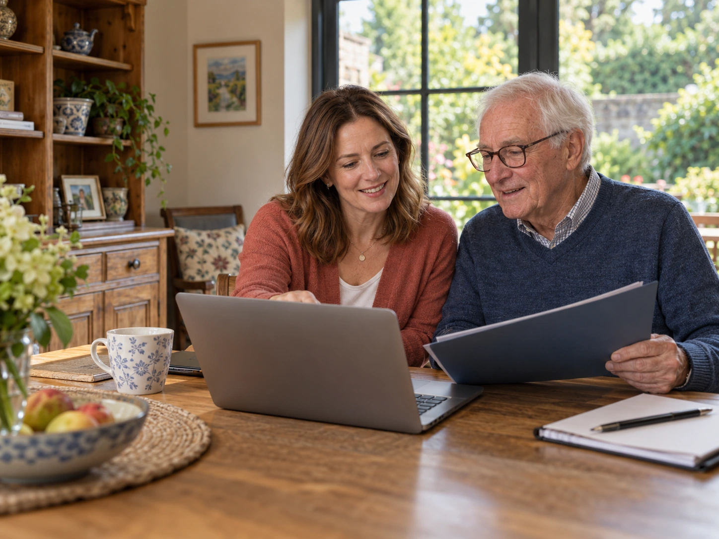 BestCareMatch | family resource table An older father and his adult daughter review a laptop and folder at home. BestCareMatch illustrative photo.