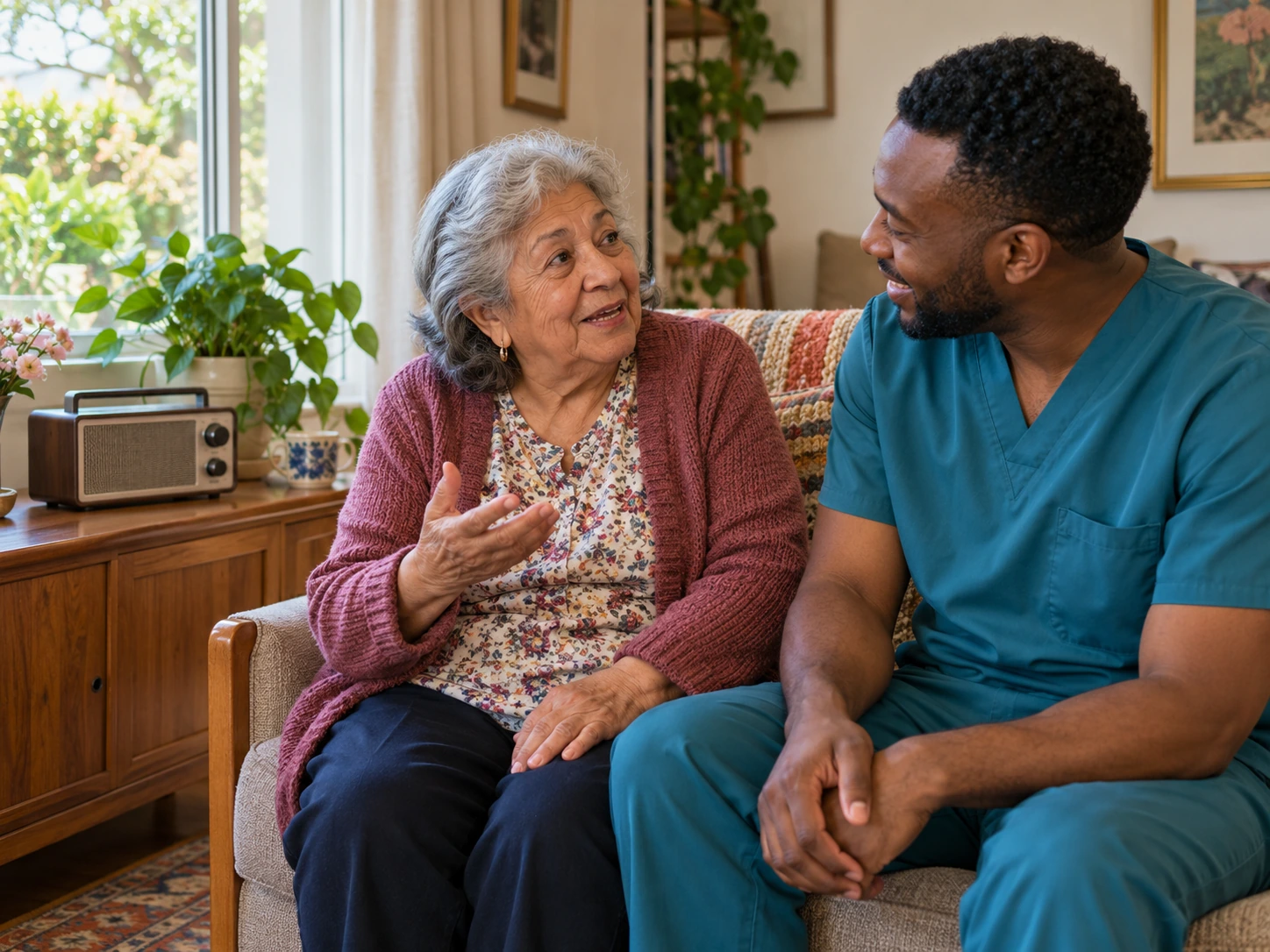 An older woman talks with a care professional in teal scrubs beside a tabletop radio. BestCareMatch illustrative photo.