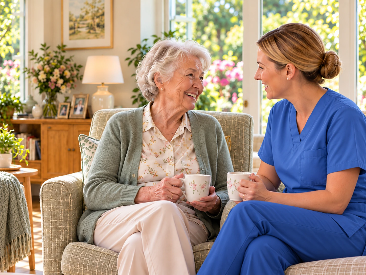 An older woman and a care professional in blue scrubs share a conversation over tea. BestCareMatch illustrative photo.
