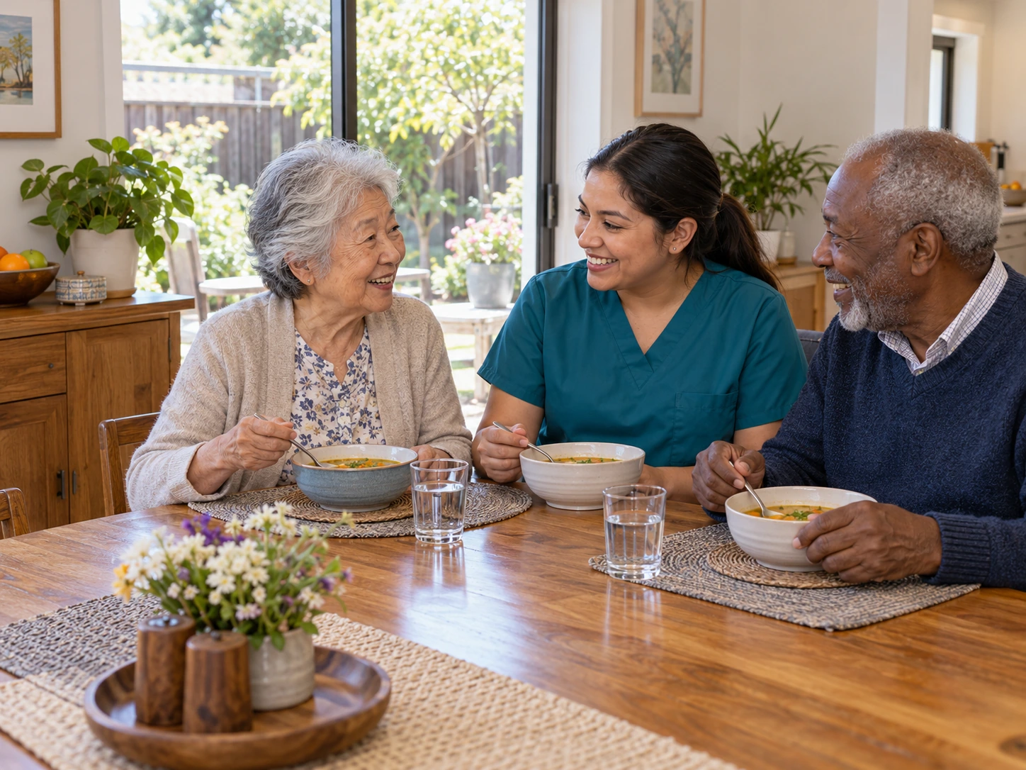 Two older adults and a care professional in teal scrubs share soup and conversation at a dining table. BestCareMatch illustrative photo.