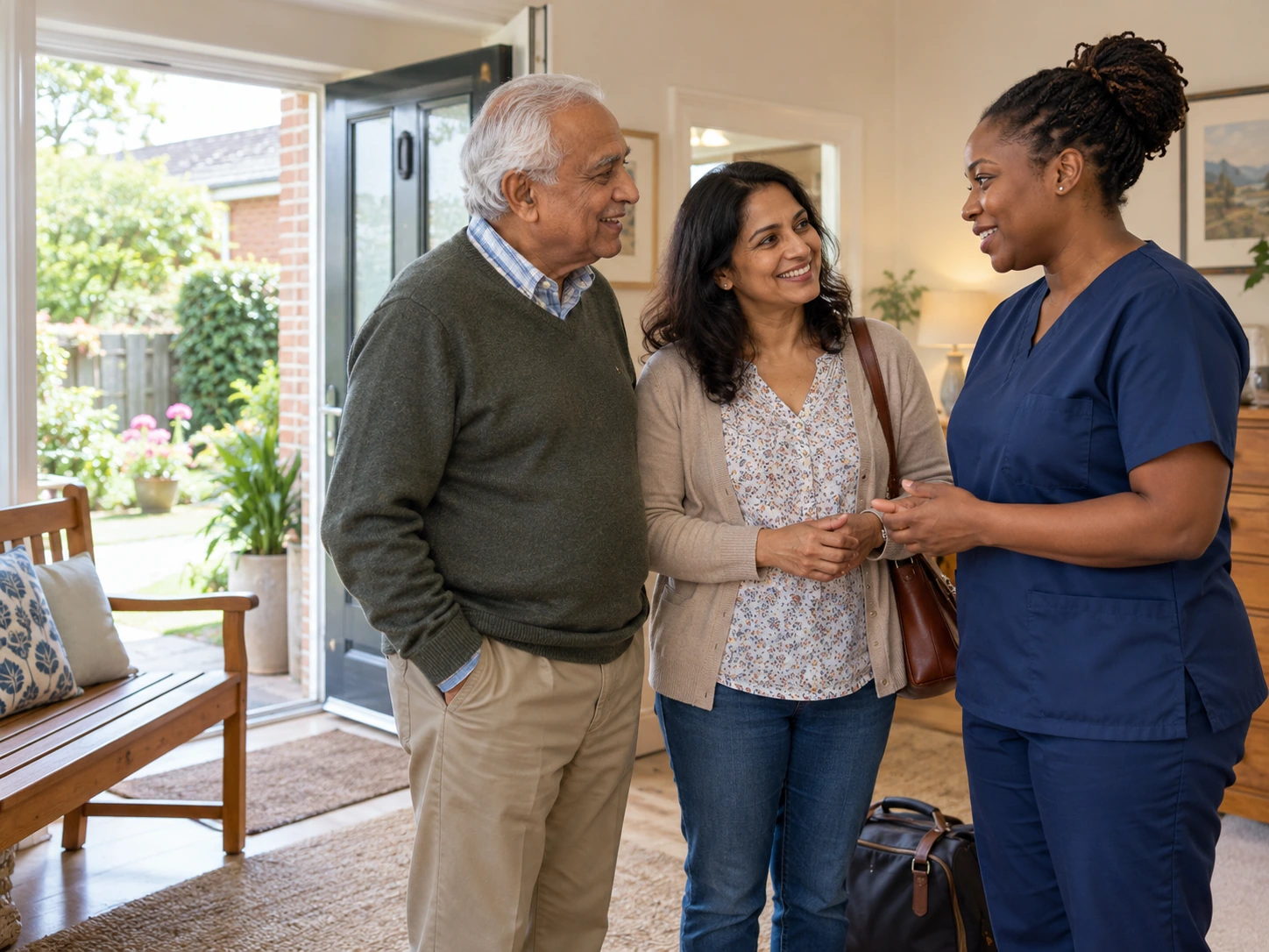 An older man and an adult family member are welcomed by a care professional in navy scrubs. BestCareMatch illustrative photo.