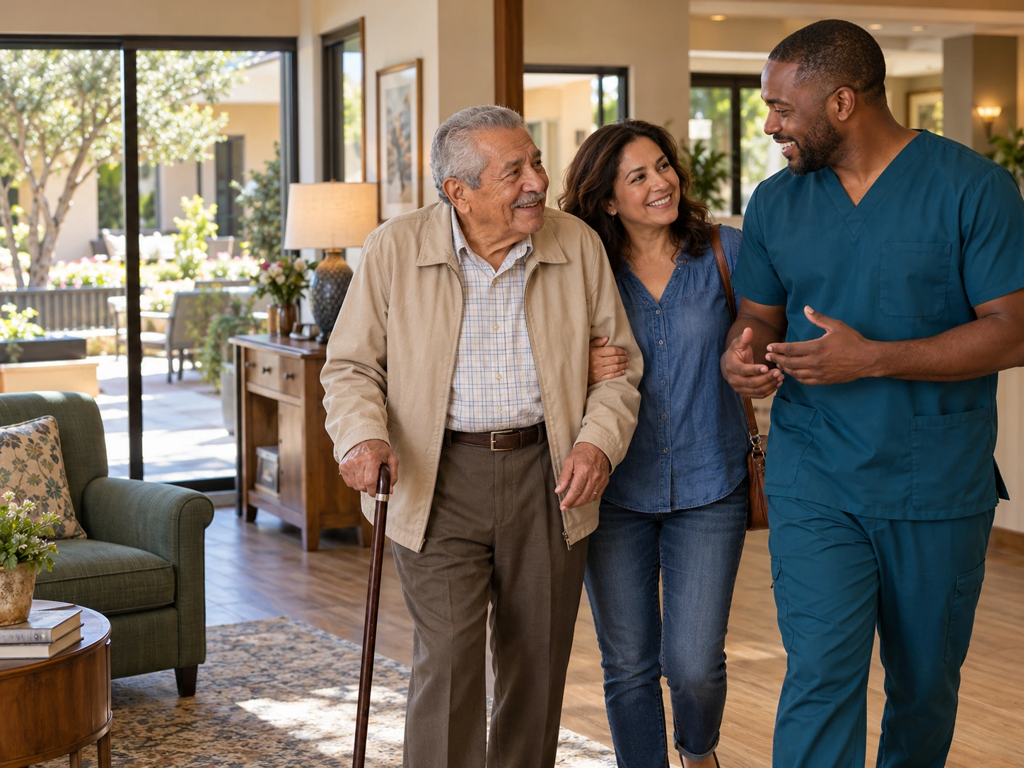 BestCareMatch | senior care home tour An older man and his daughter are welcomed by a care professional in teal scrubs. BestCareMatch illustrative photo.