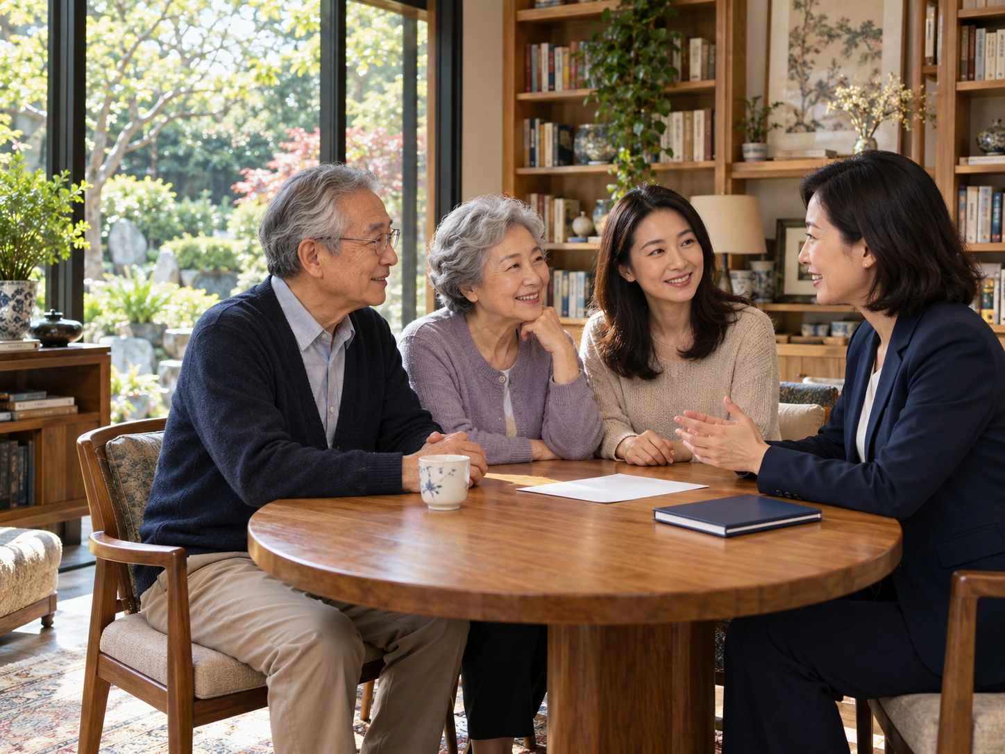 An older couple and a younger family member talk with an advisor around a table in a sunlit home. BestCareMatch illustrative photo.