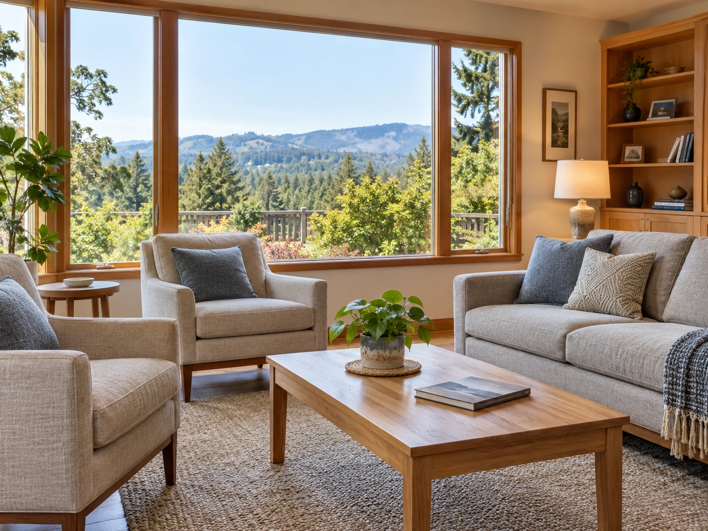 A furnished receiving room has comfortable chairs, a wooden table and a window overlooking wooded hills. BestCareMatch illustrative photo.