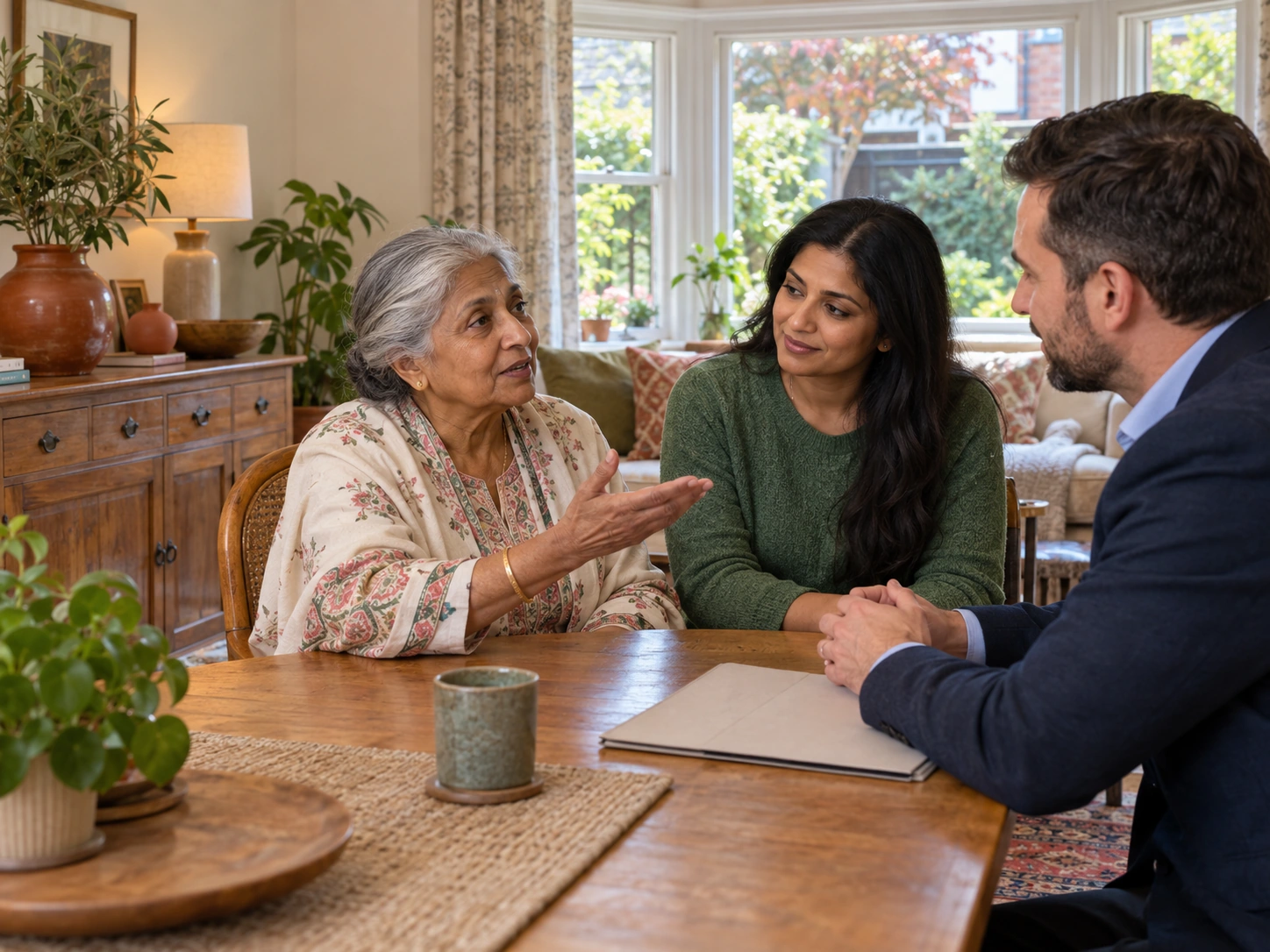 An older woman and her daughter discuss a folder with an advisor at home. BestCareMatch illustrative photo.