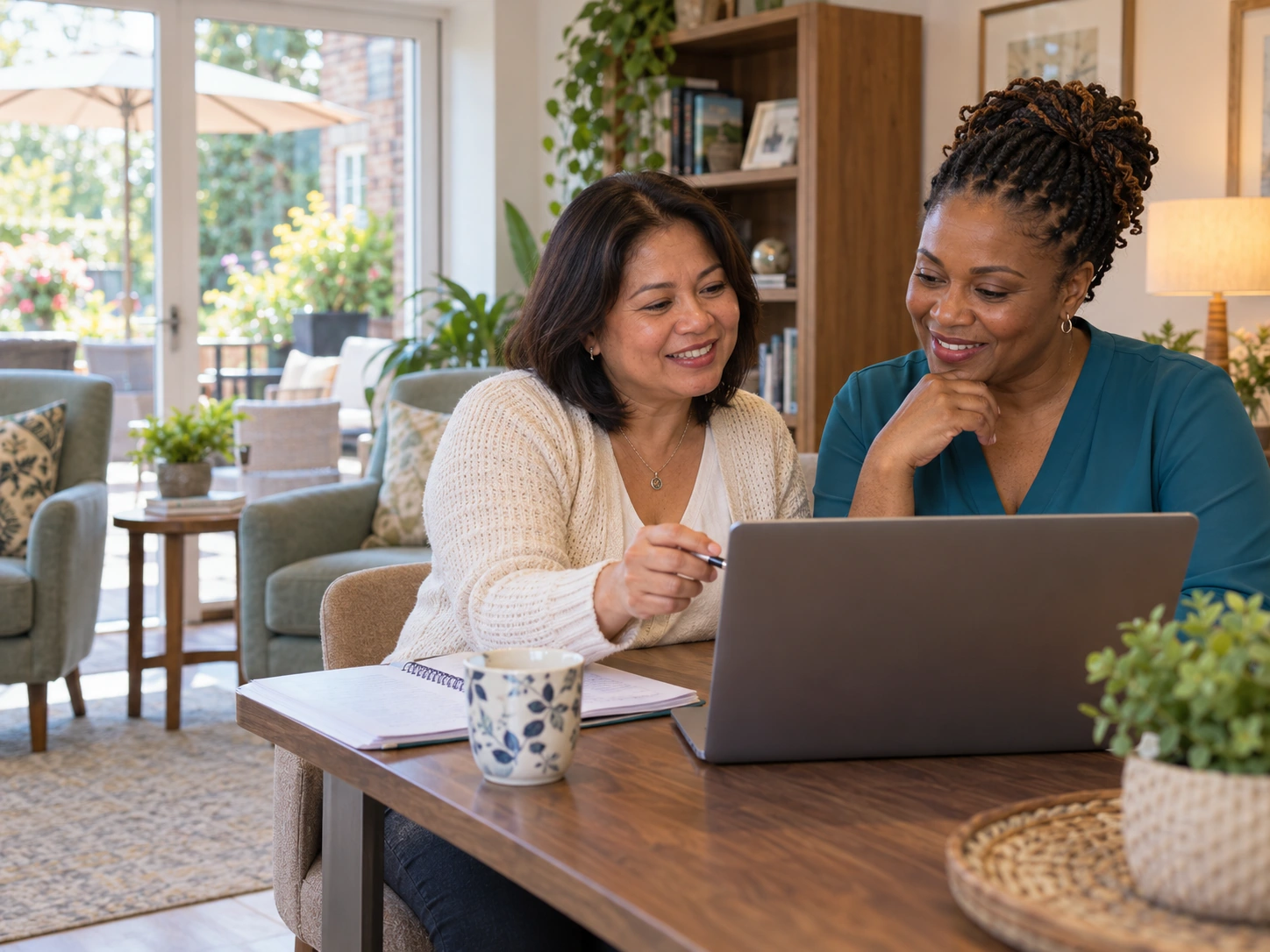 Two care-home owners review a laptop together in a welcoming receiving room. BestCareMatch illustrative photo.