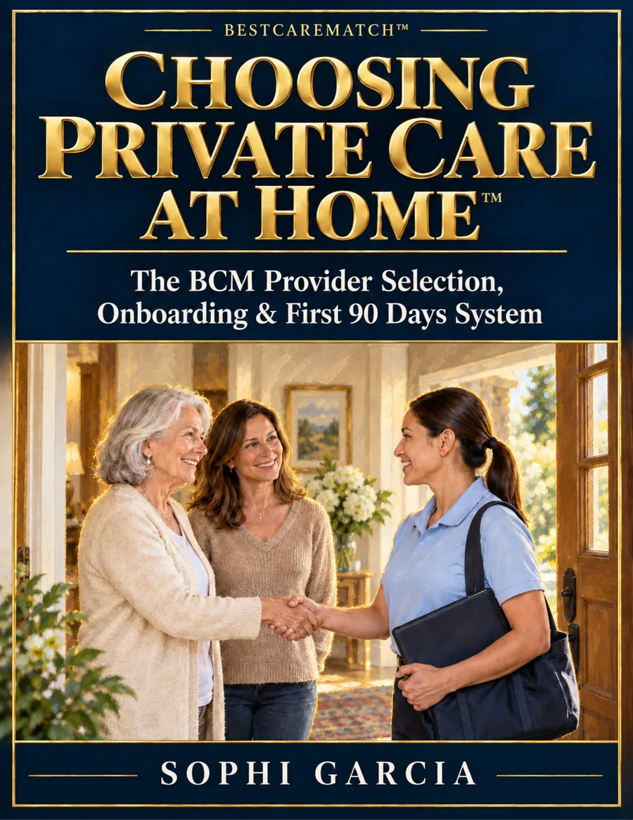 Existing cover preview of Choosing Private Care at Home featuring a family greeting a care worker.